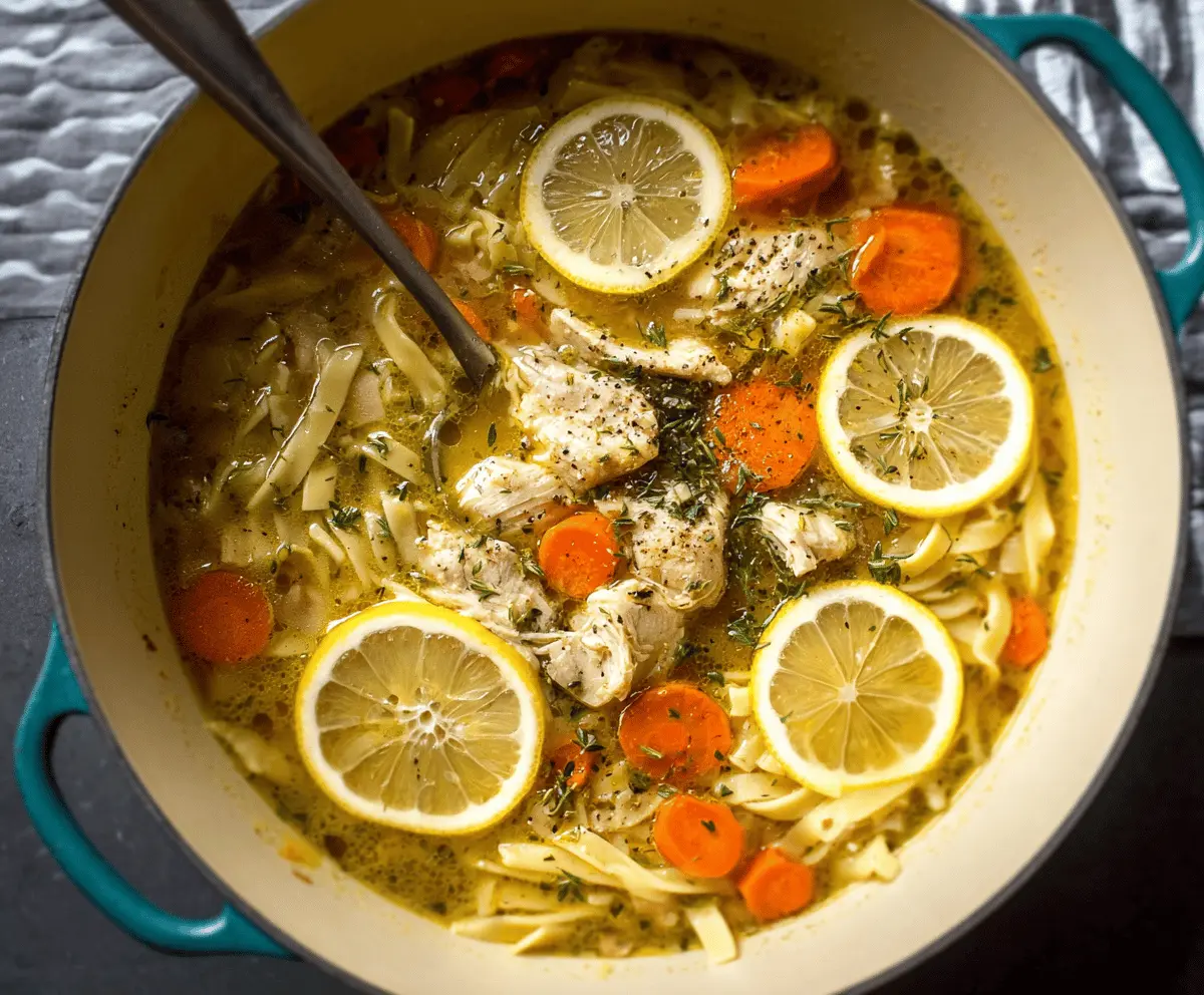 A bowl of lemon pepper chicken noodle soup garnished with fresh herbs, featuring tender chicken, noodles, and a slice of lemon for added flavor.
