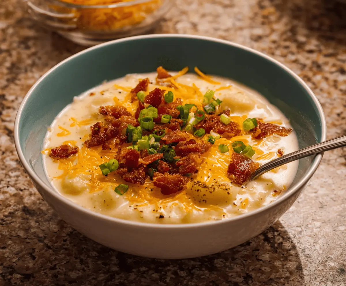 Creamy loaded potato soup topped with shredded cheese, crispy bacon, chopped green onions, and sour cream in a rustic bowl.