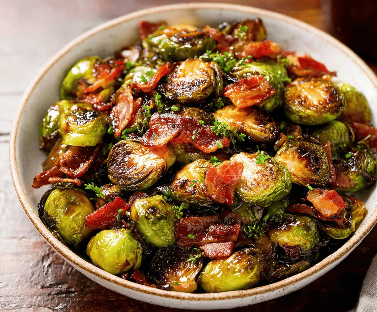 Delicious roasted Brussels sprouts glazed with maple balsamic sauce and crispy bacon slices, served on a white plate.