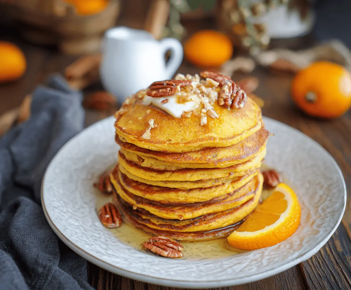 Delicious orange pumpkin pancakes topped with whipped cream and orange slices, served on a plate with maple syrup for a flavorful breakfast.