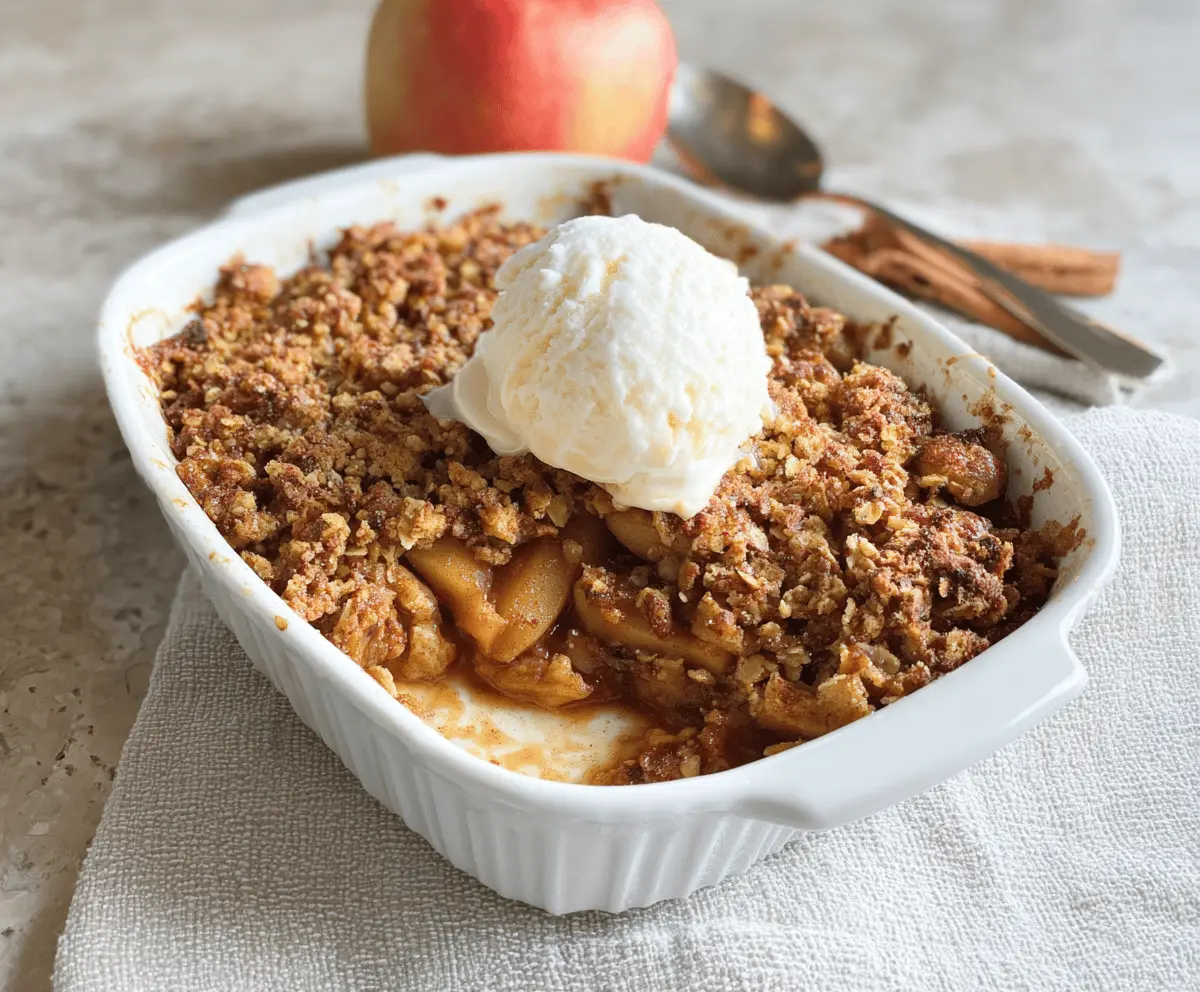 Delicious homemade Paleo Apple Crisp with sliced apples, cinnamon, and crunchy almond topping served in a rustic bowl