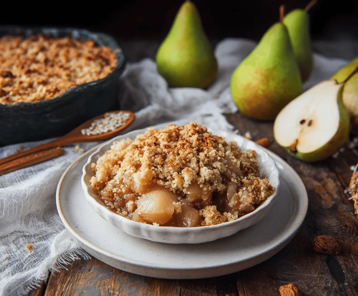 Delicious homemade pear crumble topped with golden, buttery crumble served in a rustic dish