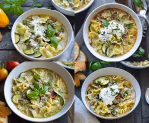 Creamy Pesto Lasagna Soup topped with melted cheese, fresh basil, and a sprinkle of grated Parmesan in a bowl, ready to serve.