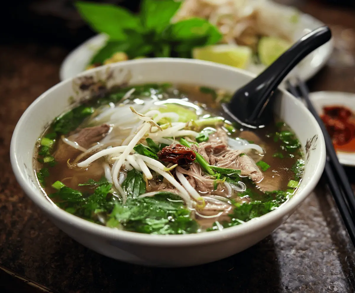 A steaming bowl of traditional Vietnamese Pho with rice noodles, thinly sliced beef, fresh herbs, and lime wedges on a white plate.