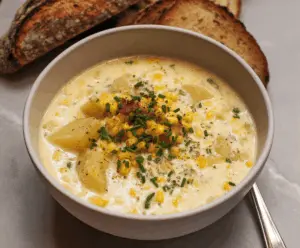 Creamy Potato Corn Chowder in a bowl garnished with fresh herbs, served with crusty bread on a rustic table