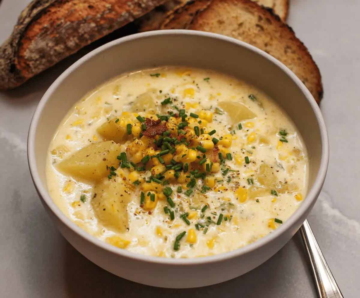 Creamy Potato Corn Chowder in a bowl garnished with fresh herbs, served with crusty bread on a rustic table