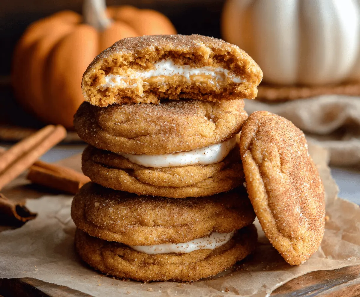 Delicious pumpkin cheesecake cookies filled with creamy cream cheese filling, perfect for fall desserts