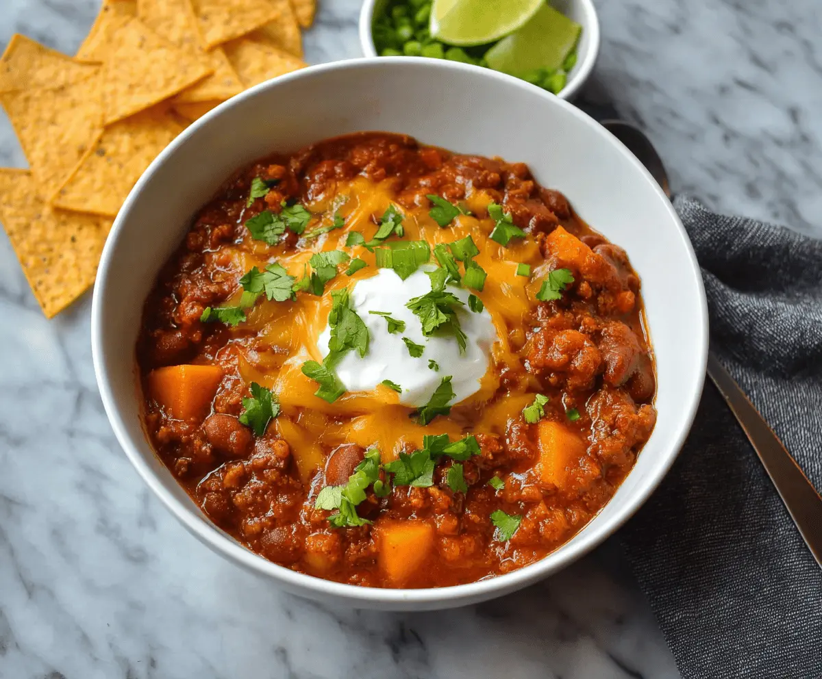 A steaming bowl of hearty pumpkin chili garnished with fresh herbs, showcasing chunks of pumpkin, beans, and spices for a flavorful autumn-inspired dish.