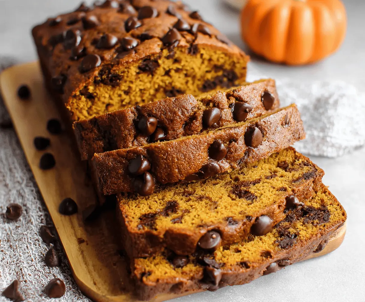 Delicious homemade pumpkin chocolate chip bread sliced and ready to serve, featuring moist pumpkin flavor and melted chocolate chips