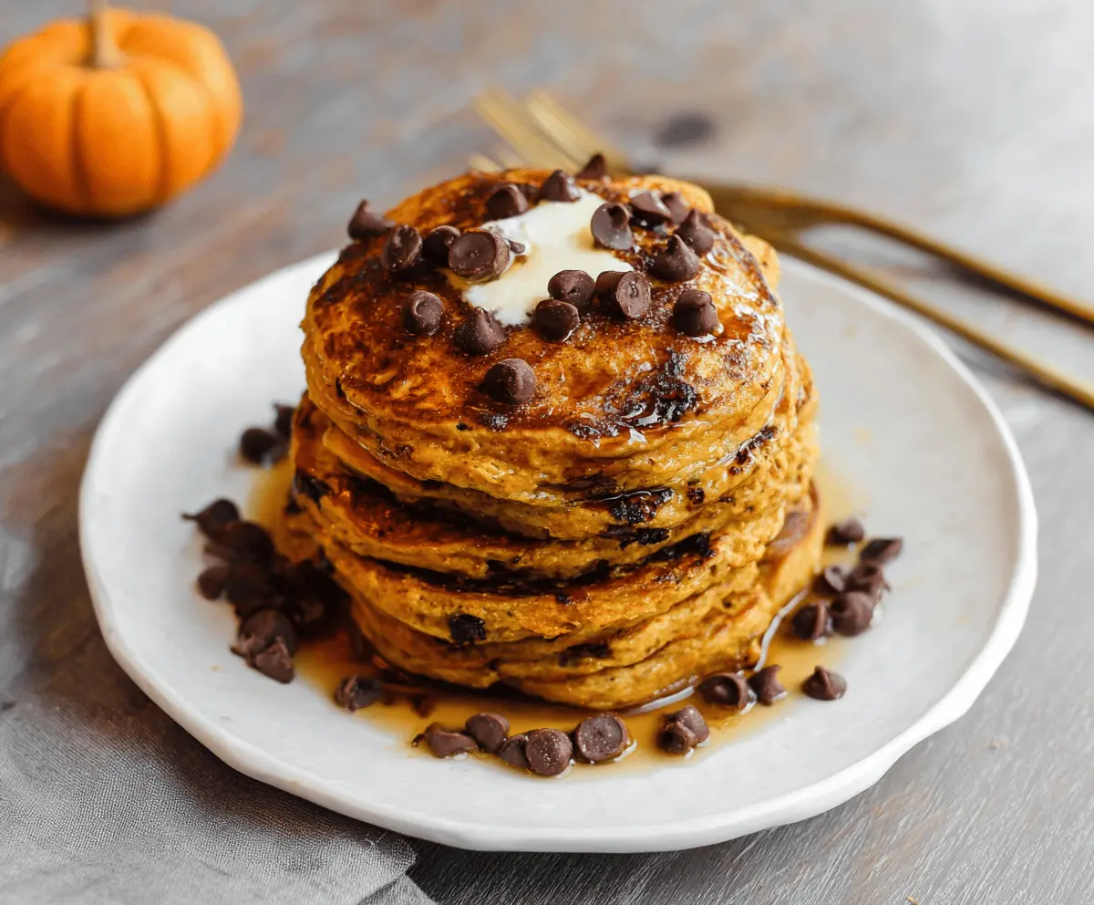 Delicious pumpkin chocolate chip pancakes topped with whipped cream and sprinkles, perfect for fall breakfast