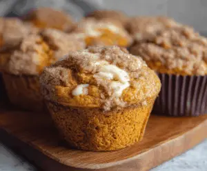 Delicious pumpkin muffins filled with cream cheese, topped with a sprinkle of cinnamon, perfect for fall breakfast or snack.