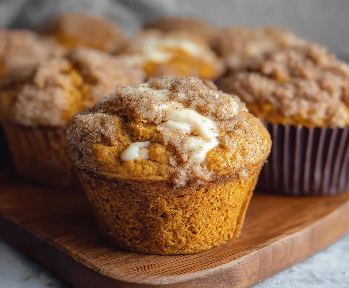 Delicious pumpkin muffins filled with cream cheese, topped with a sprinkle of cinnamon, perfect for fall breakfast or snack.