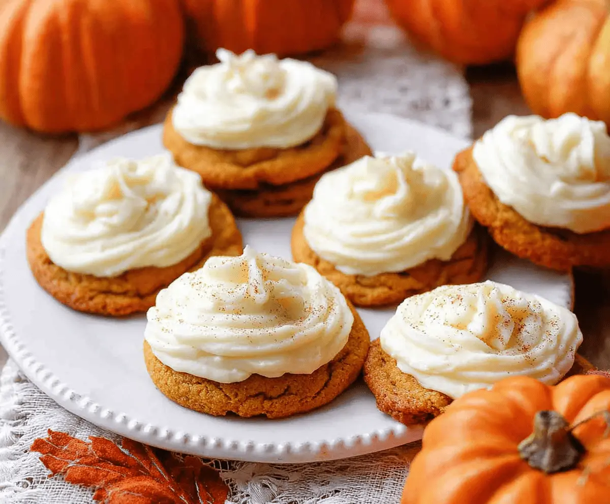 Delicious pumpkin-shaped cookies topped with creamy cream cheese frosting and festive sprinkles, perfect for fall treats