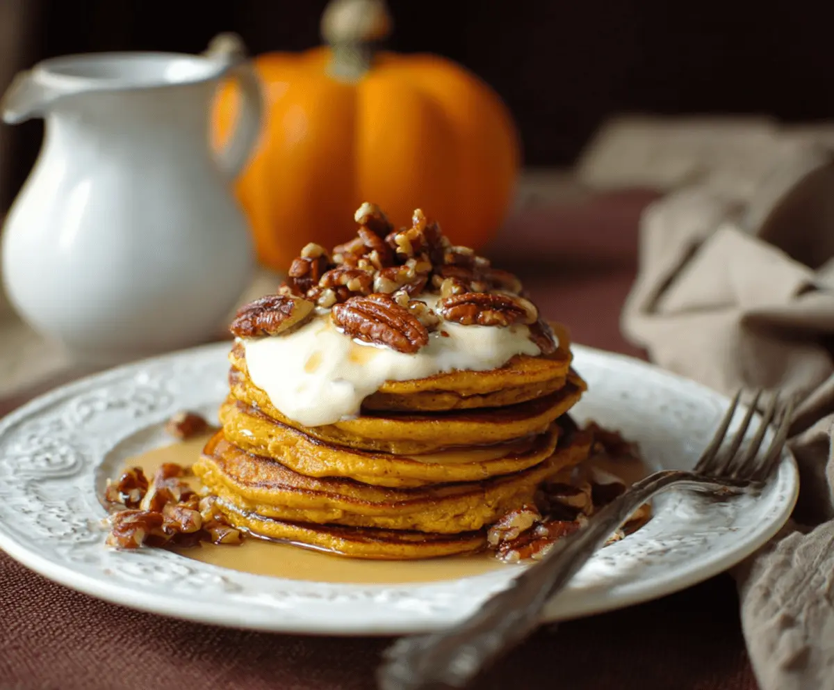 Fluffy pumpkin cream cheese pancakes topped with whipped cream and cinnamon, perfect for fall breakfast
