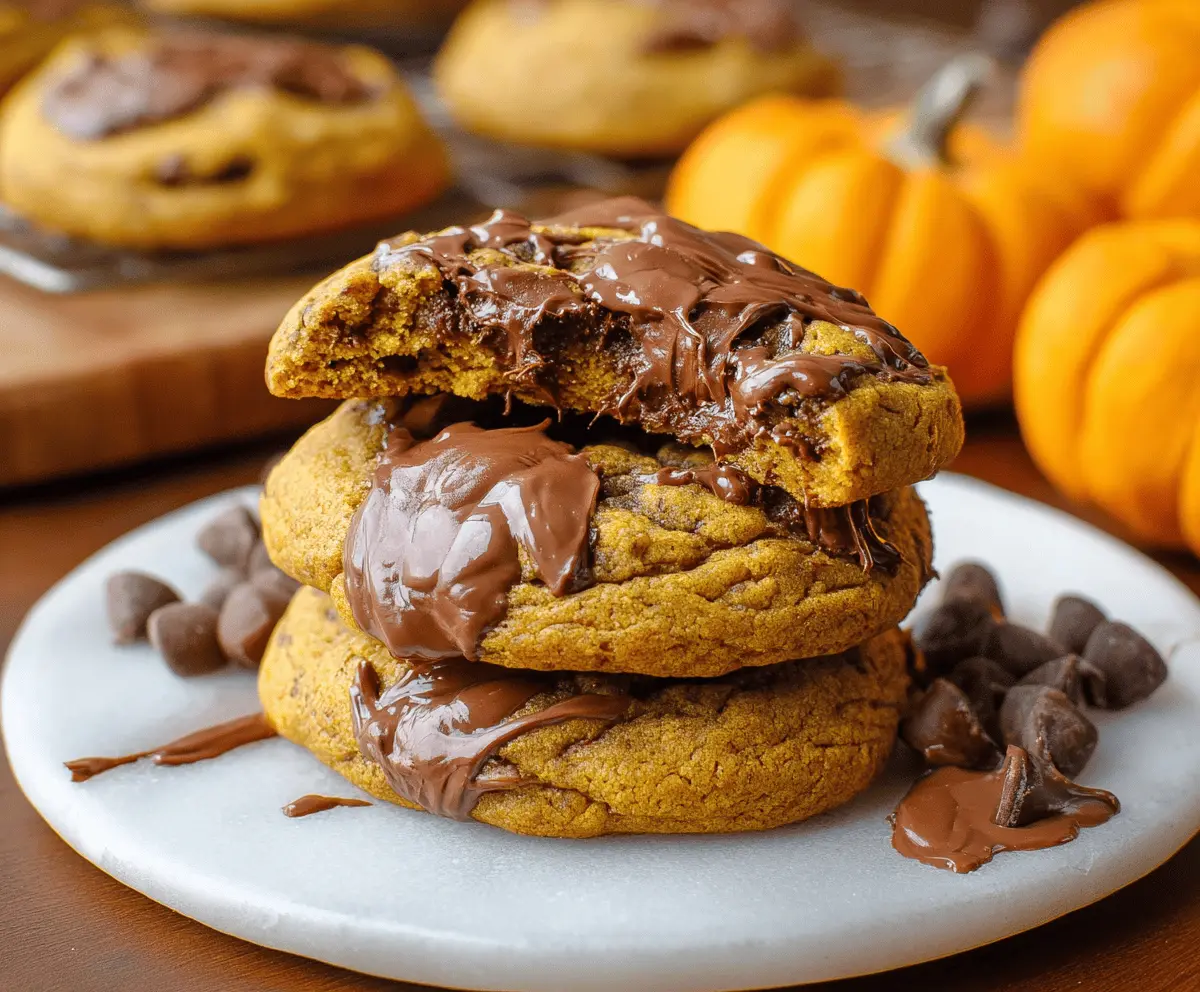 Delicious homemade Pumpkin Nutella Cookies on a plate, featuring a soft center with pumpkin and Nutella swirls, perfect for fall treats.