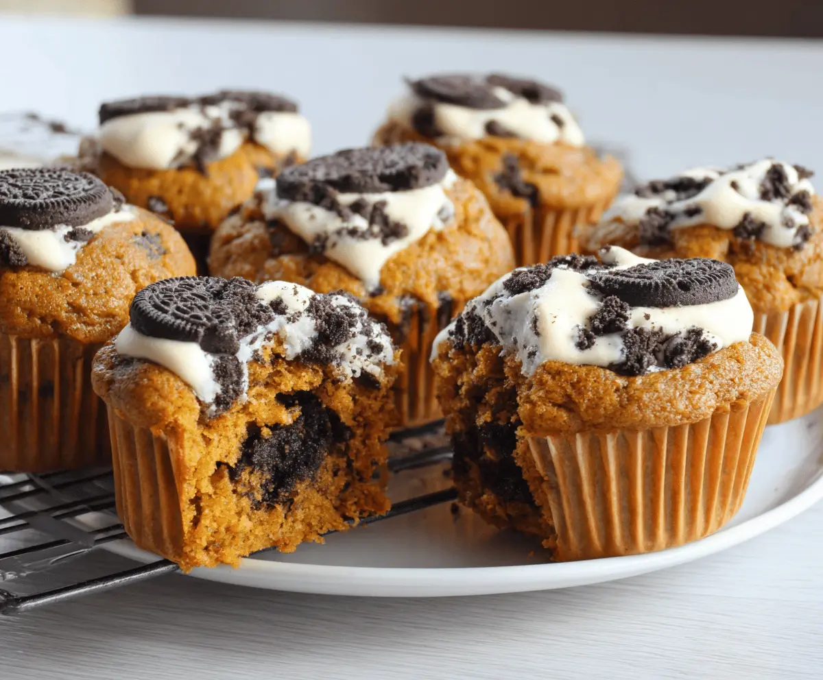 Delicious Pumpkin Oreo Muffins with creamy frosting and Oreo cookie topping on a white plate