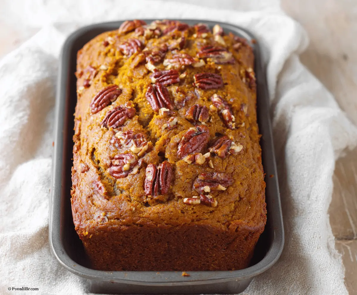 Homemade Pumpkin Pecan Bread sliced and garnished with pecans, showcasing its moist texture and warm autumn flavors
