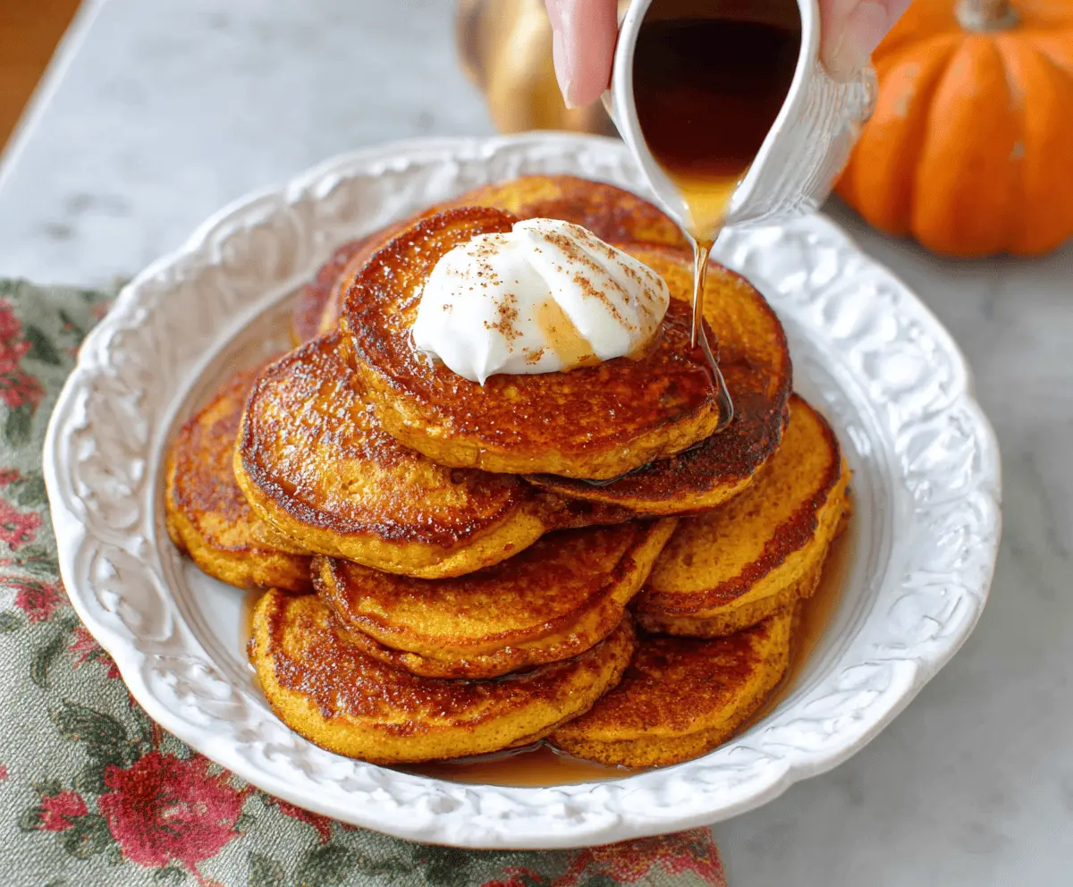Fluffy pumpkin ricotta pancakes topped with maple syrup and fresh cinnamon, served with a drizzle of honey and garnished with pumpkin seeds