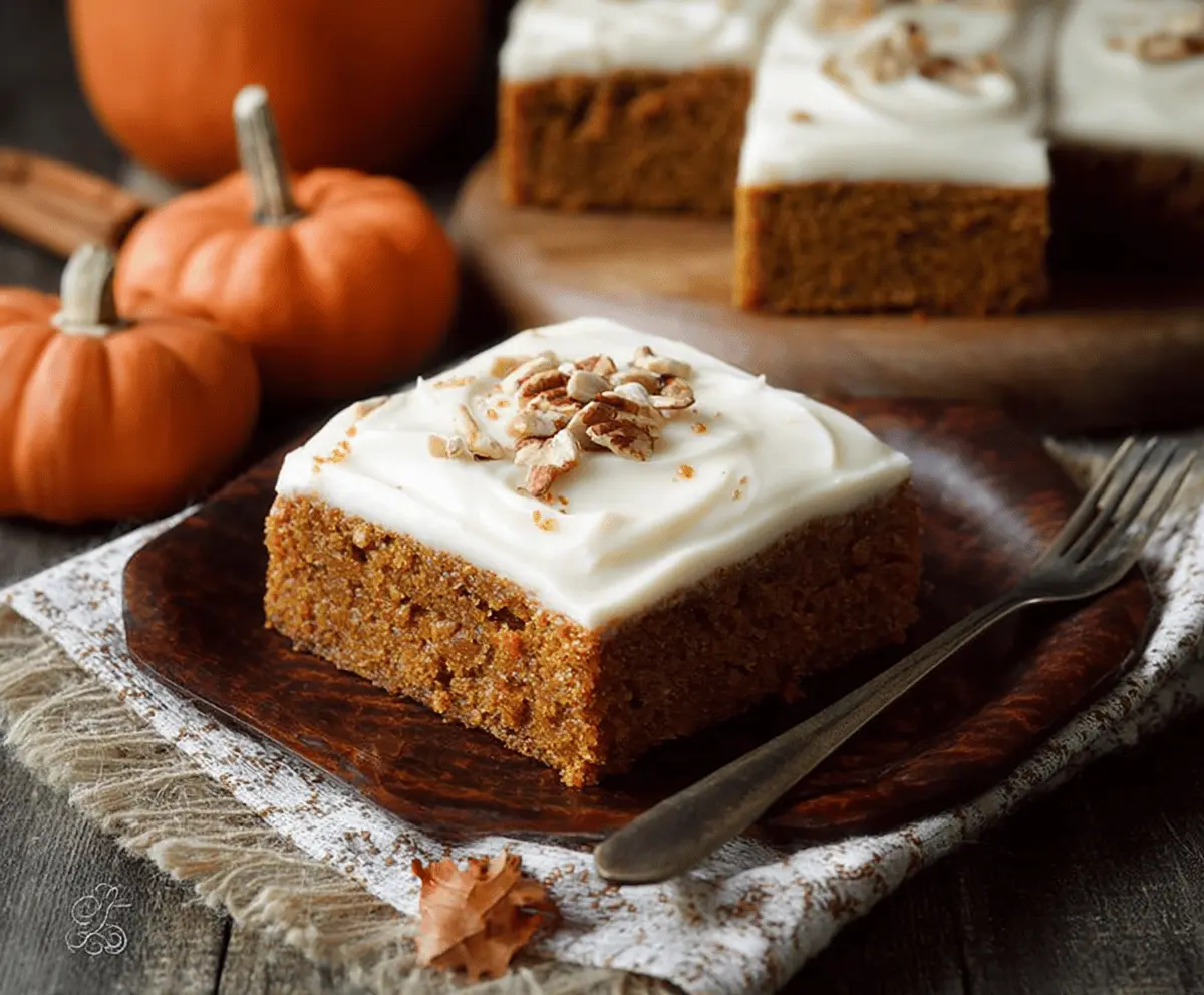 Delicious pumpkin sheet cake topped with creamy cream cheese frosting, perfect for fall dessert.