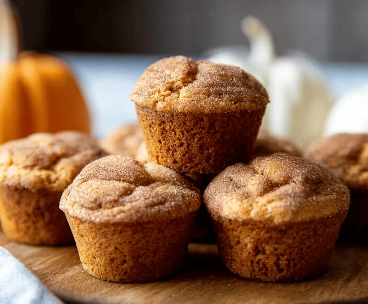 Freshly baked Pumpkin Snickerdoodle Muffins topped with cinnamon sugar, ready for a cozy fall treat.