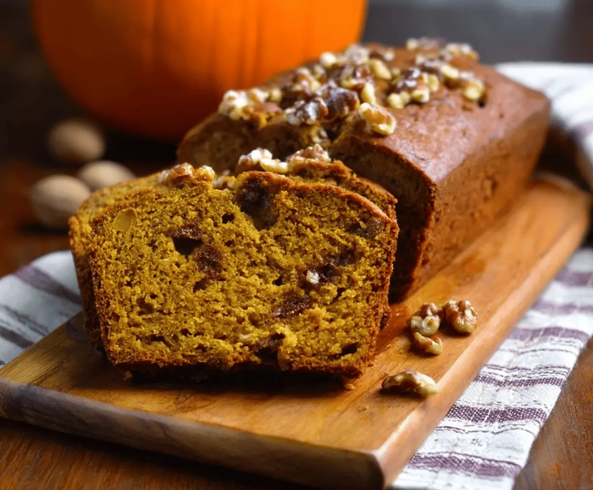 Delicious homemade pumpkin walnut bread slices with a golden crust and walnut pieces, perfect for fall baking and cozy mornings.