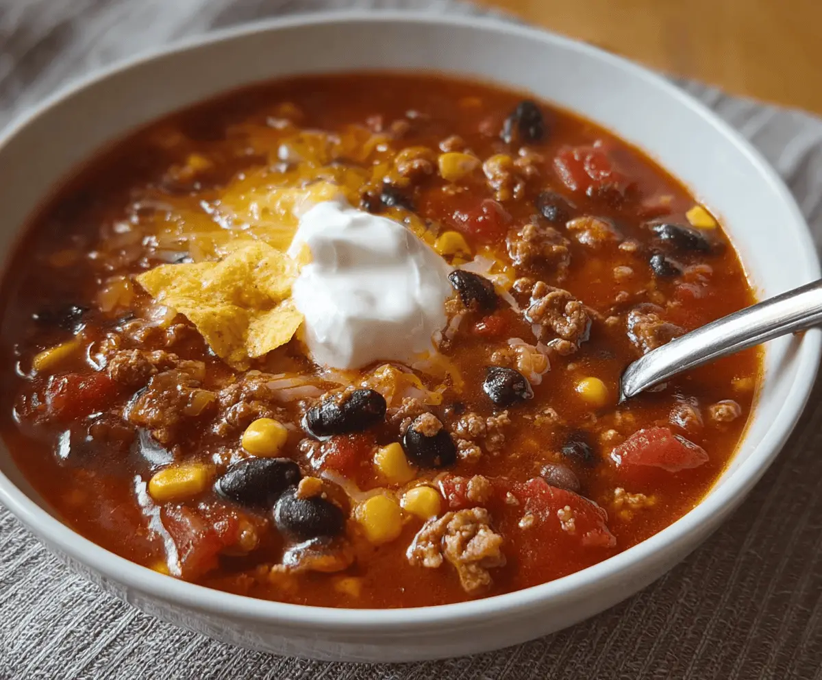 Creamy Ranch Taco Soup in a bowl topped with shredded cheese, fresh cilantro, and sliced jalapeños, served with tortilla chips on the side.