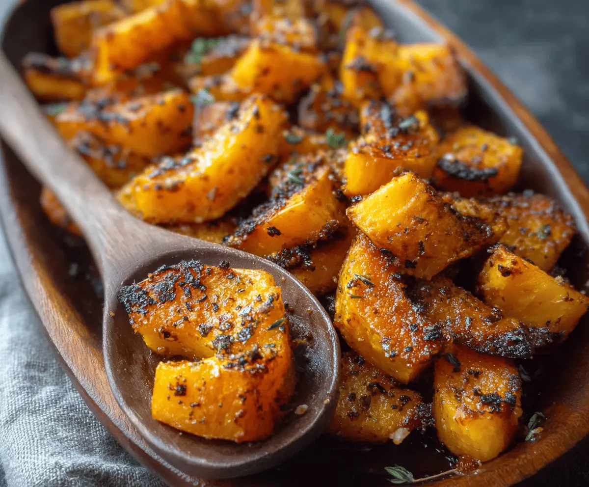 Golden roasted butternut squash cubes on a baking sheet, seasoned with herbs and spices, ready to serve as a delicious fall side dish.