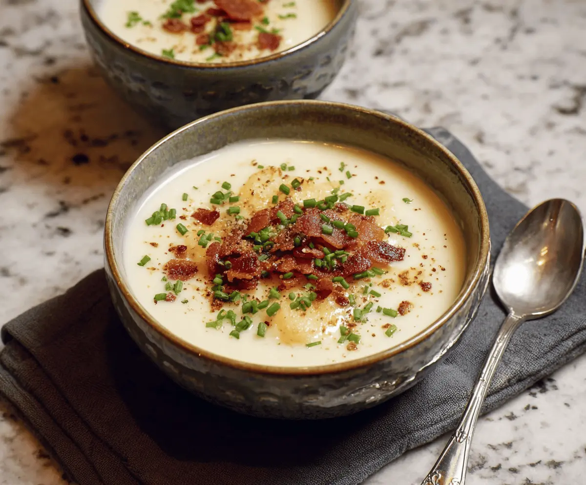 Creamy smoked Gouda potato soup garnished with fresh herbs in a rustic bowl, perfect for a comforting meal