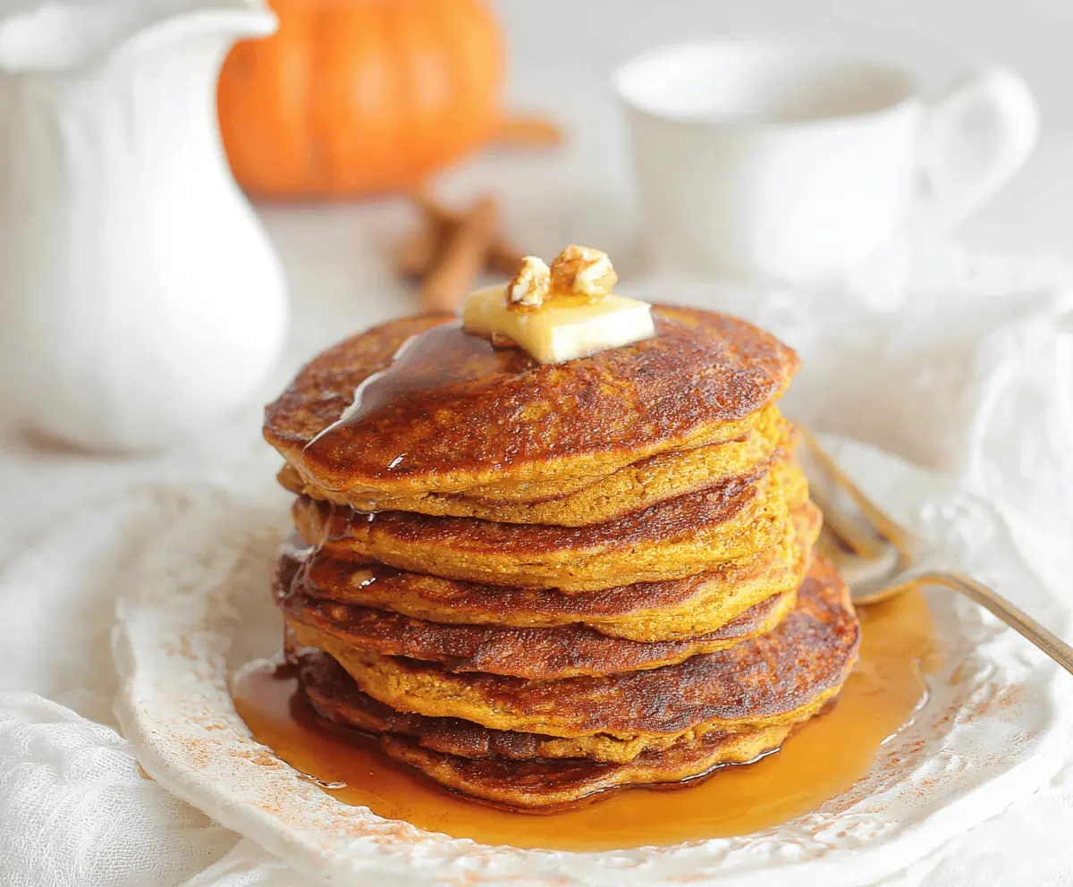 Delicious homemade sourdough pumpkin pancakes topped with maple syrup and fresh berries on a rustic plate.