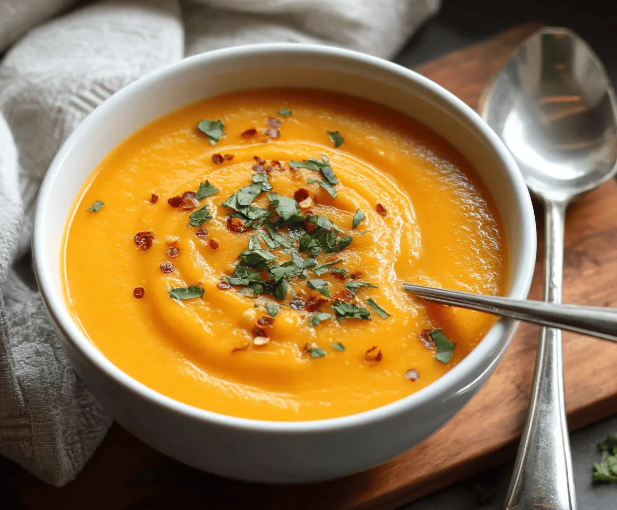 Creamy spicy butternut squash and sweet potato soup garnished with fresh herbs in a bowl, perfect for fall comfort meals.