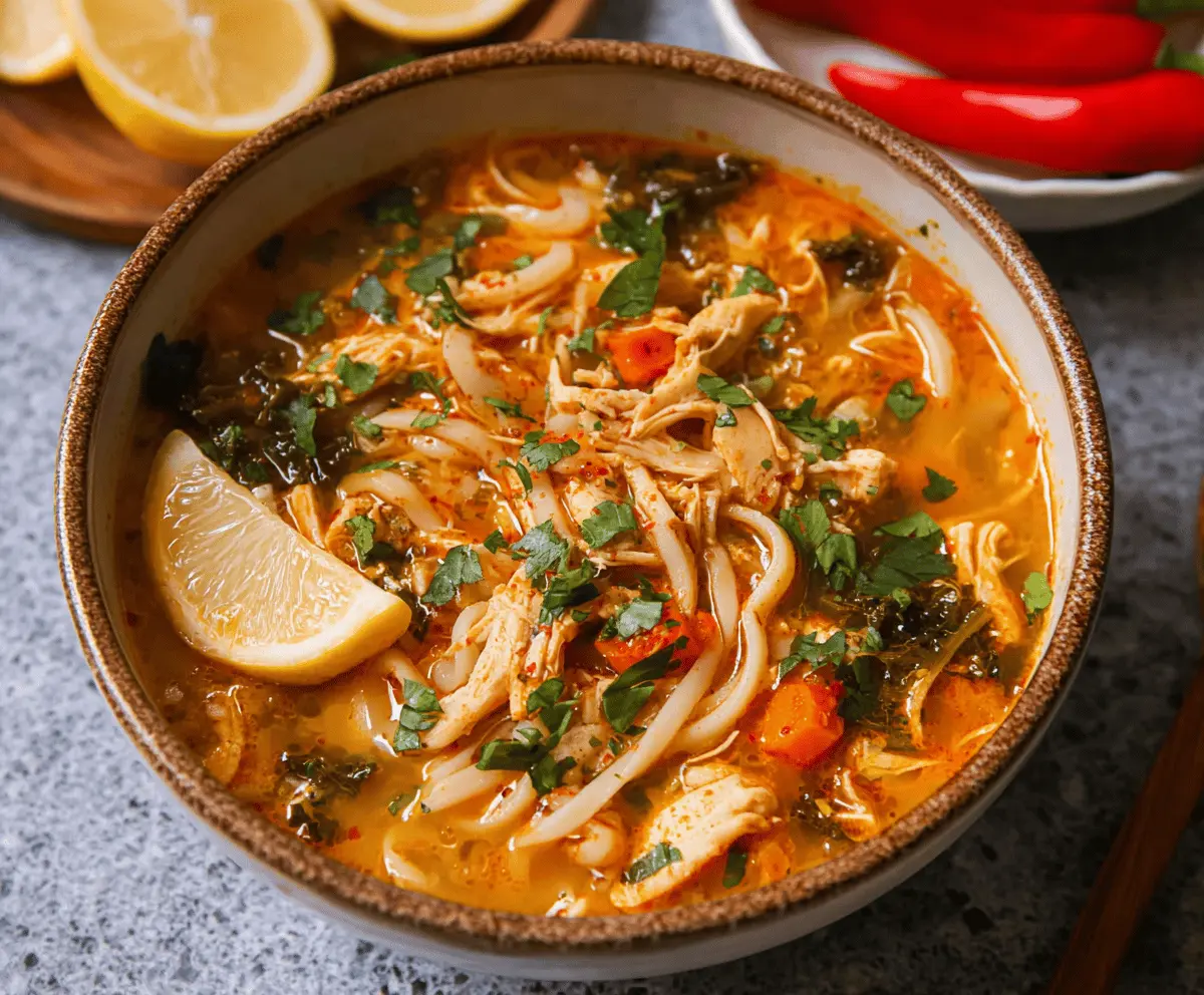 A steaming bowl of spicy chicken noodle soup garnished with fresh herbs, sliced chili peppers, and vegetables, showcasing a flavorful and comforting meal.