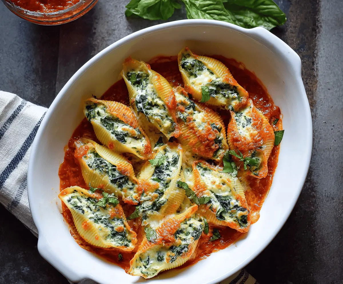 Creamy spinach and ricotta stuffed pasta shells baked to perfection, topped with melted cheese and fresh herbs for a delicious Italian-inspired dish.