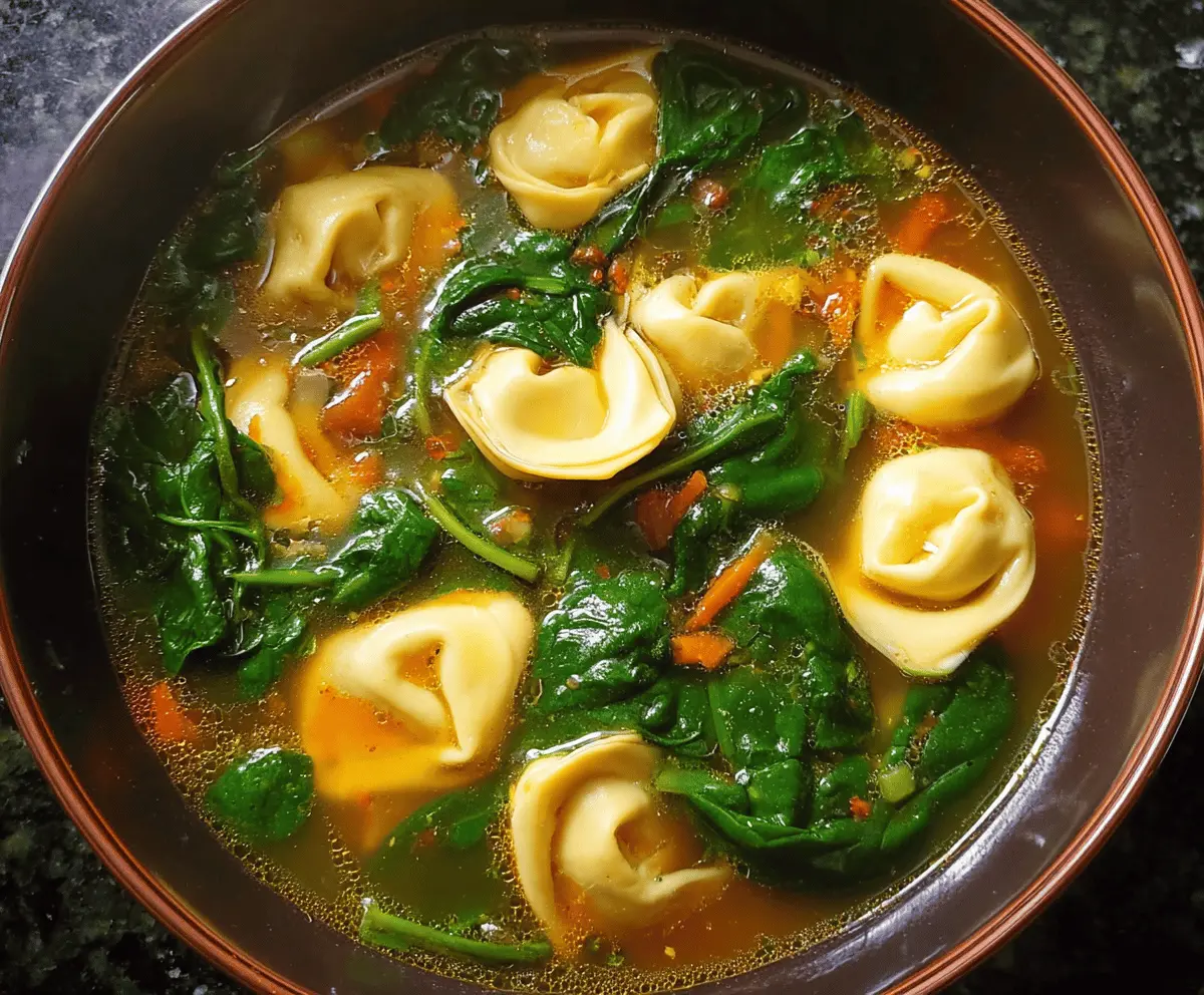 A bowl of creamy spinach tortellini soup garnished with fresh herbs and grated cheese, served with crusty bread on the side.