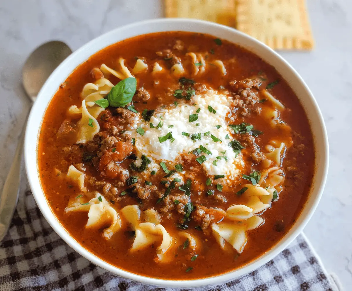 Delicious stovetop ground beef lasagna soup served in a bowl with melted cheese and fresh herbs, perfect for a hearty meal