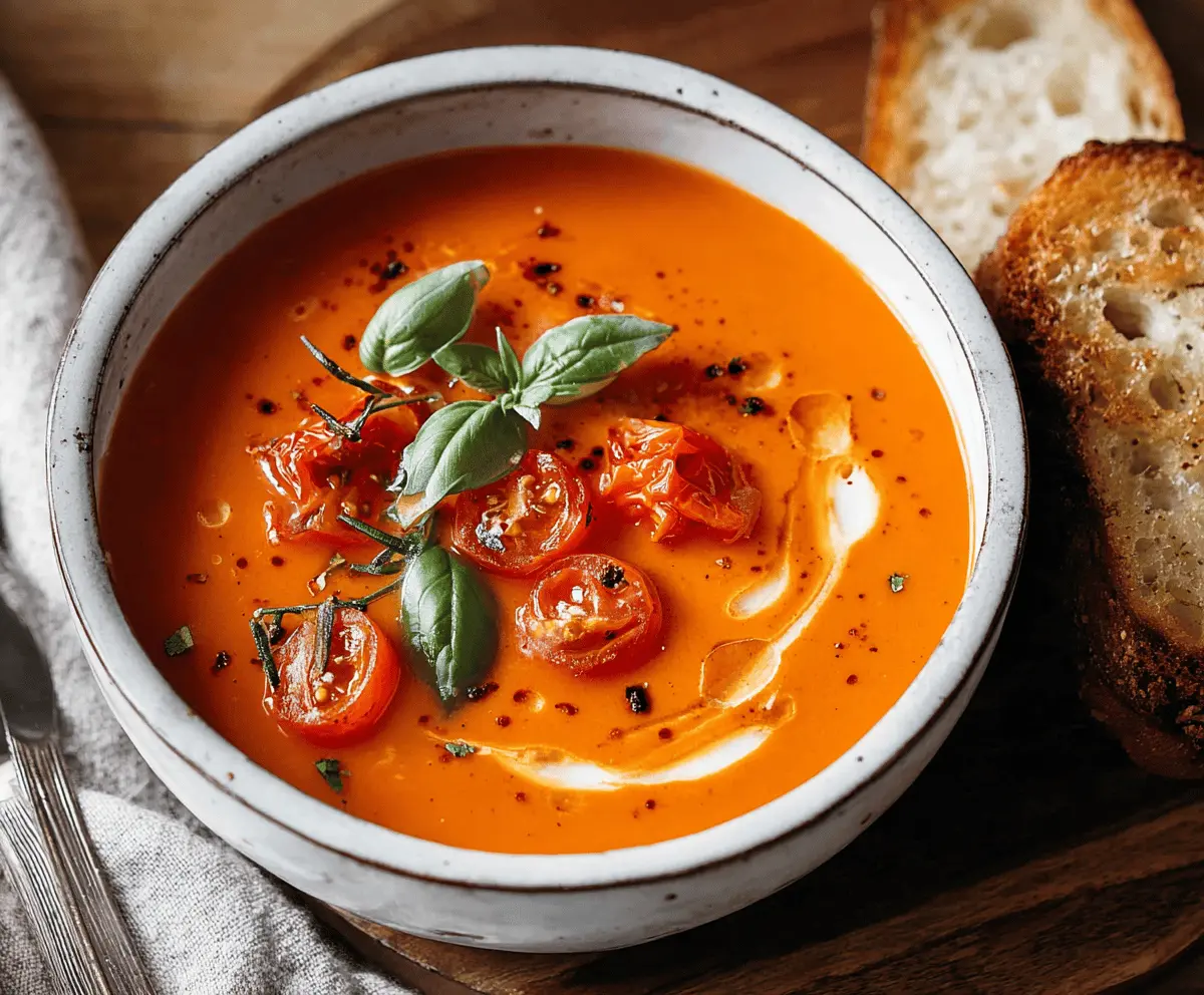 A steaming bowl of homemade tomato soup garnished with fresh basil leaves, served with a crusty bread roll on the side.