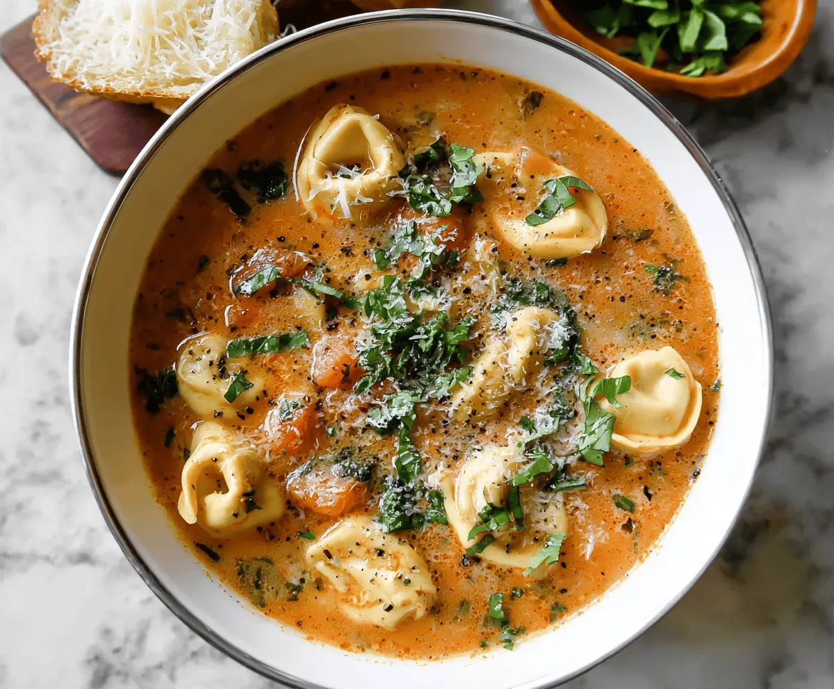 Creamy tortellini soup with fresh herbs and vegetables in a bowl, perfect for a comforting and hearty meal.