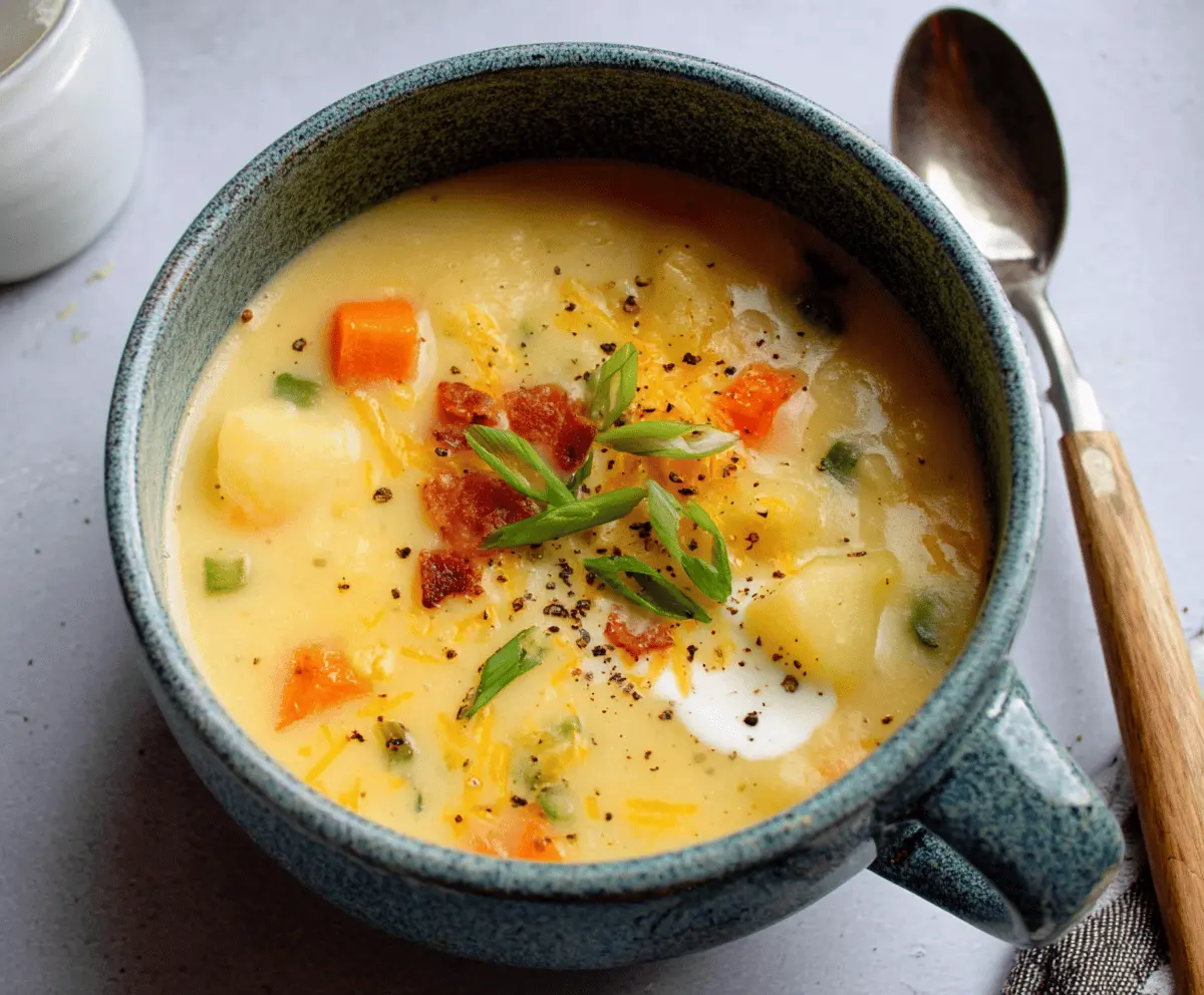 Creamy vegan potato soup served in a bowl with fresh herbs and chopped potatoes, perfect for a hearty plant-based meal.