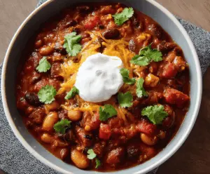 Vegetarian chili served in a bowl with beans, vegetables, and spices, perfect for a hearty plant-based meal