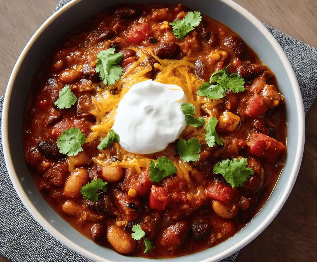 Vegetarian chili served in a bowl with beans, vegetables, and spices, perfect for a hearty plant-based meal