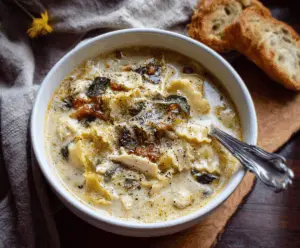 Creamy white chicken lasagna soup topped with melted cheese, fresh herbs, and tender shredded chicken in a savory broth, served in a bowl.