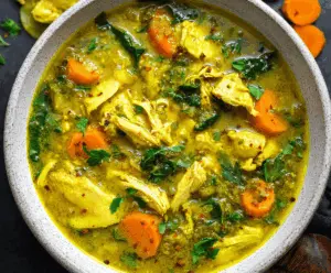 A steaming bowl of anti-inflammatory turmeric chicken soup garnished with fresh herbs and colorful vegetables, showcasing a healthy and flavorful meal.