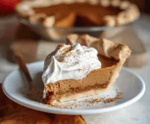 Delicious Apple Butter Pie topped with cinnamon whipped cream on a rustic plate
