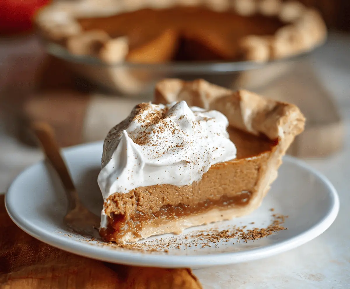 Delicious Apple Butter Pie topped with cinnamon whipped cream on a rustic plate
