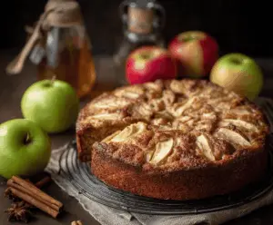 Delicious homemade apple cider cake topped with caramelized apple slices and cinnamon.
