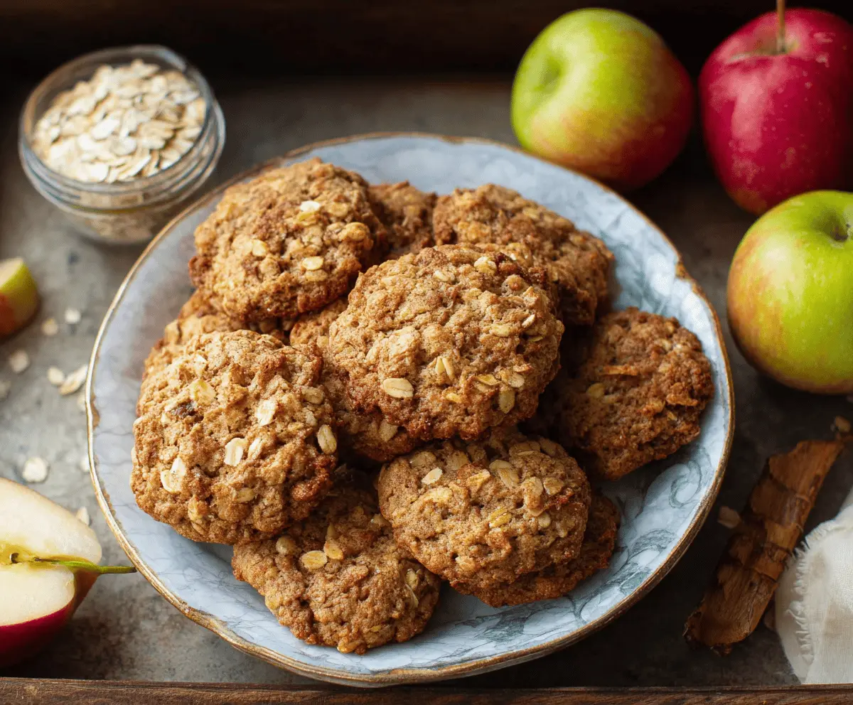 Delicious homemade apple oatmeal cookies with a golden-brown finish and visible apple chunks, perfect for a healthy snack or dessert.