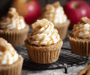 Delicious apple pie cupcakes with cinnamon and caramel topping, perfect for dessert or special occasions.