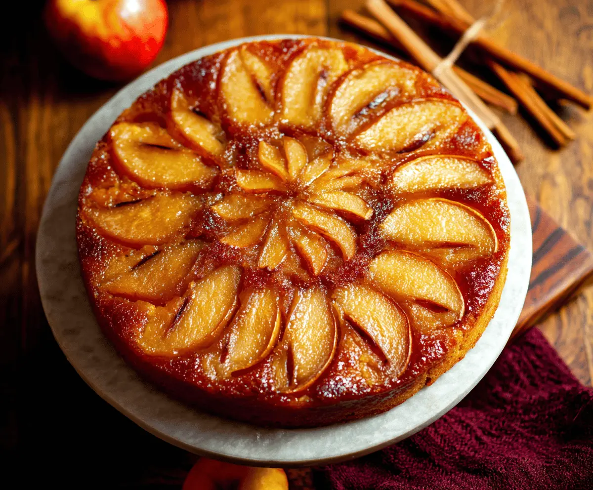 Delicious homemade apple upside down cake with caramelized apple slices and golden crust