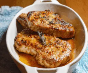 Juicy baked pork chops seasoned and cooked to perfection on a baking sheet, ready to serve.