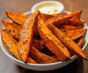 Golden baked sweet potato wedges on a white plate, crispy and seasoned, perfect for a healthy snack or side dish.