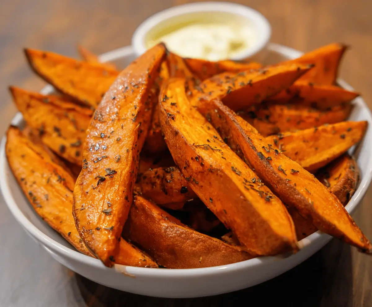 Golden baked sweet potato wedges on a white plate, crispy and seasoned, perfect for a healthy snack or side dish.